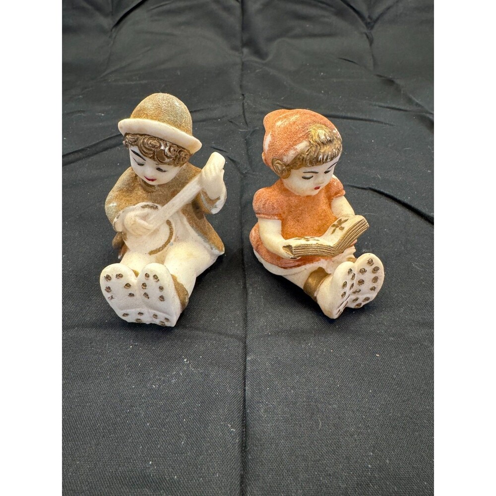 Set of 2 Vintage Bisque Porcelain Figurines Boy Playing Banjo and Girl Reading